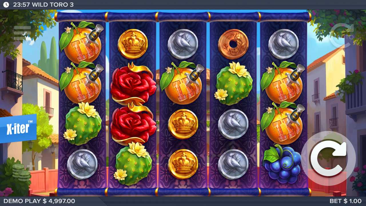 Wild Toro 3 base grid showing the 5x4 reel set with Spanish village backdrop, oranges, gold crowns, silver coins, cacti, grapes and a red rose in view