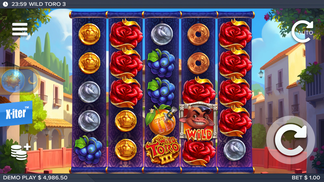 Toro the bull walking wild on reel 4 with a full column of red roses on reel 3 and the Wild Toro 3 wordmark symbol stack visible