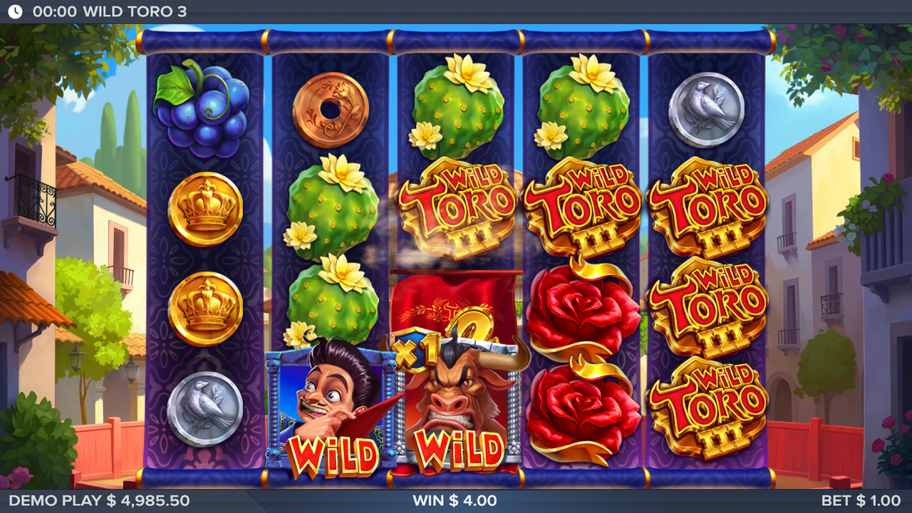 Three columns of Wild Toro 3 logo symbol stacks alongside a Matador and the Toro bull wild during a feature progression with a base payline win banked