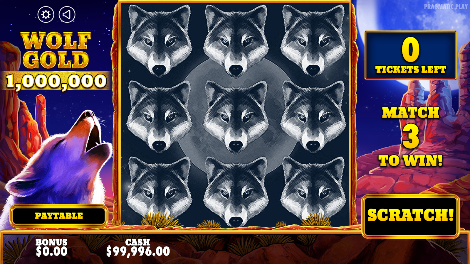 A freshly bought Wolf Gold 1,000,000 scratchcard showing nine wolf-covered panels in a 3 by 3 grid with the scratch button and the match-three goal on the right