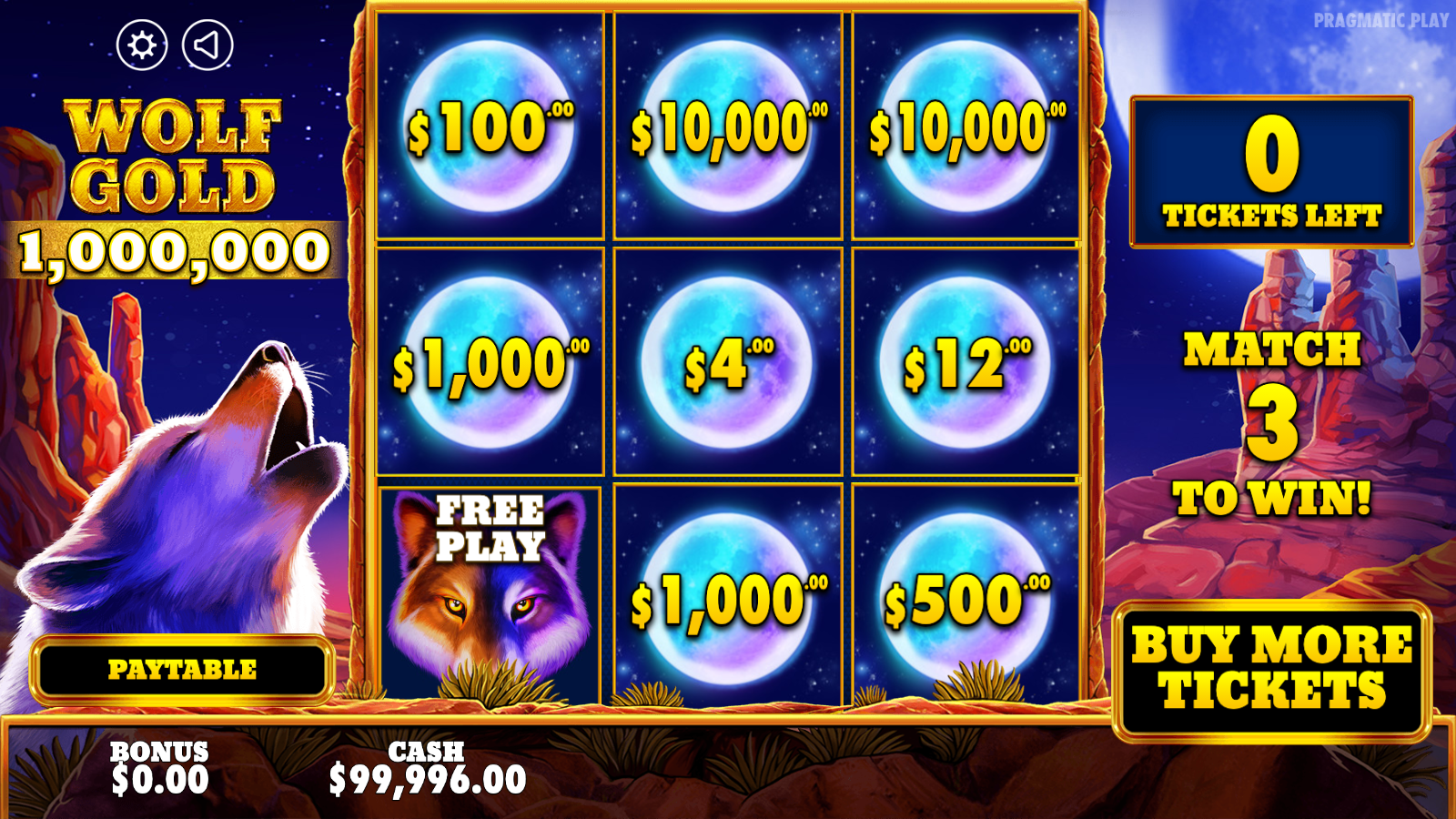 The same Wolf Gold 1,000,000 scratchcard fully revealed with each of the nine panels showing a prize tier and one panel landing on Free Play