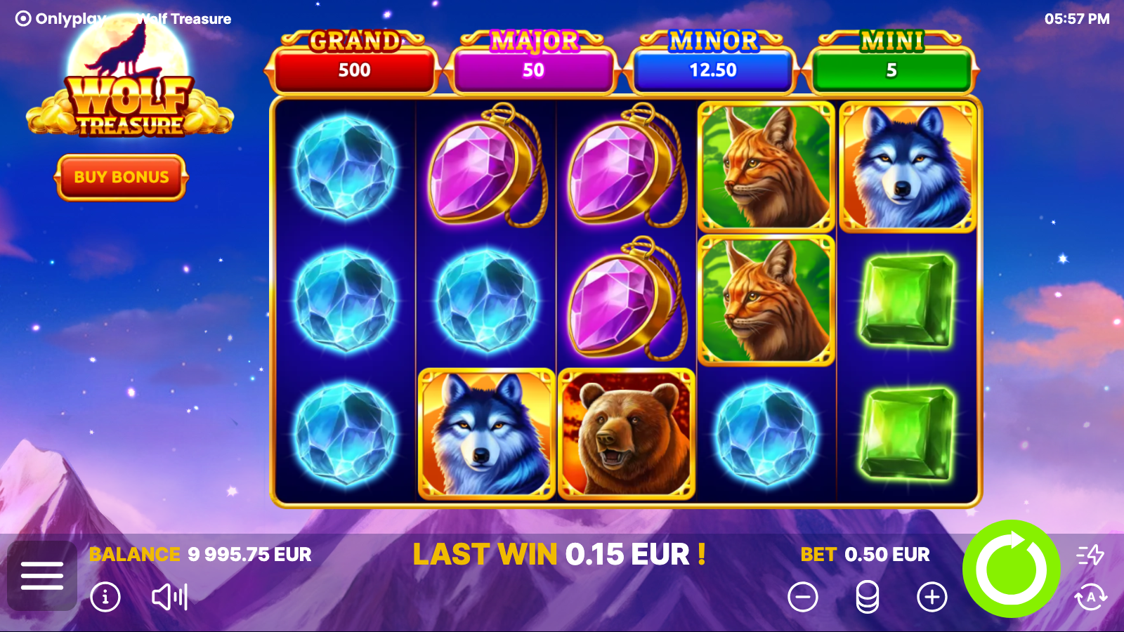 Wolf Treasure 2025 - 5x3 base grid with wolves, bears and gem pendants under the 4-tier jackpot ladder