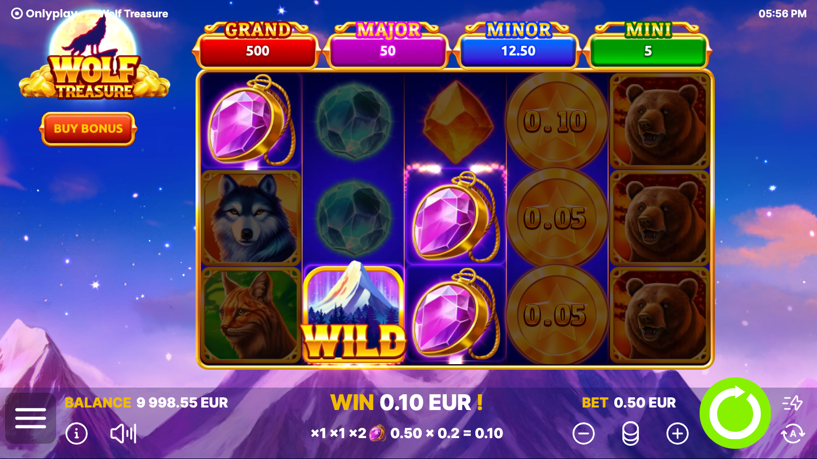 Wolf Treasure 2025 - Snowy Mountain Wild substitutes on reel 3 during a 243-ways pay with the wolf premium showing
