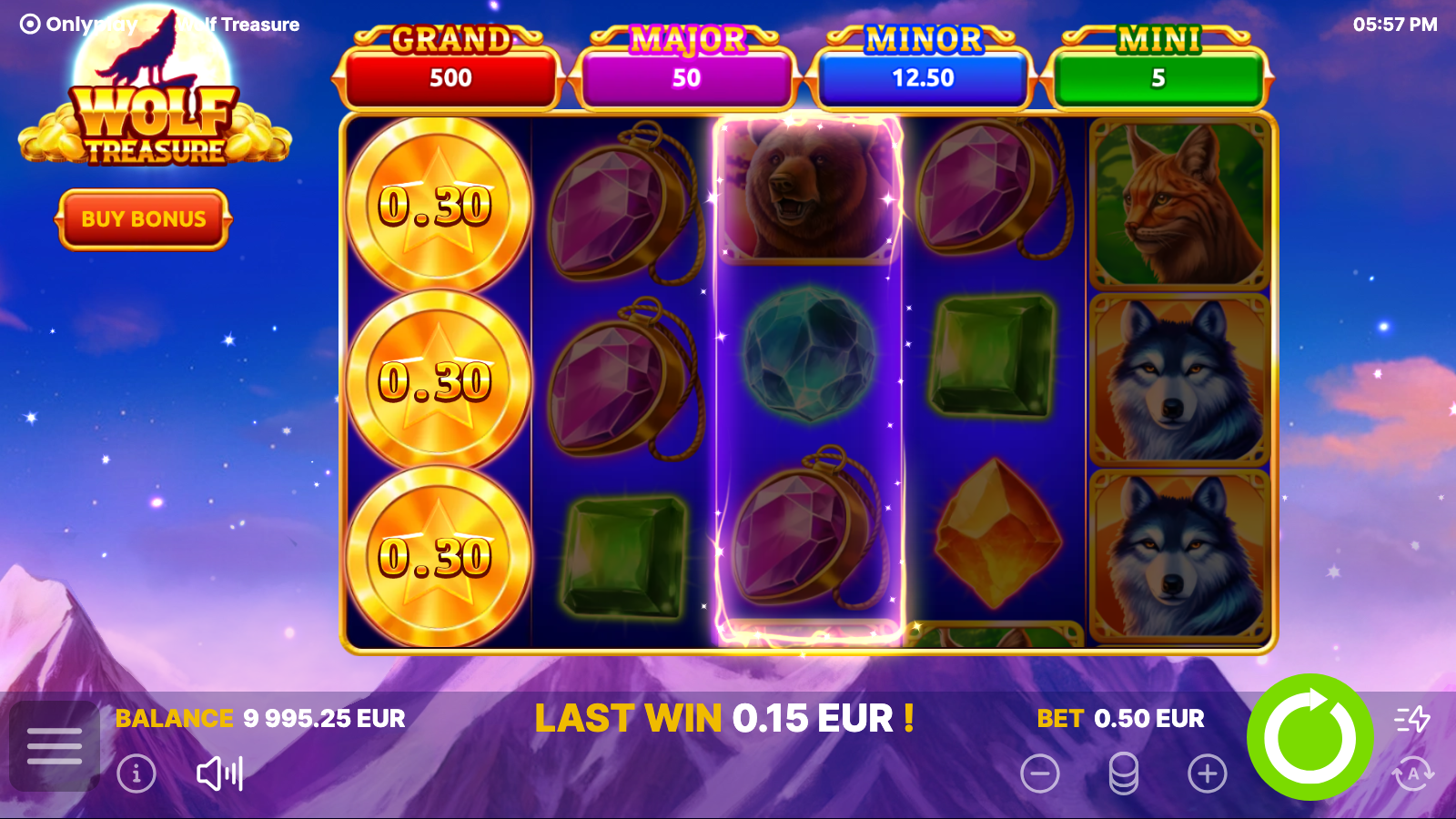 Wolf Treasure 2025 - Gold Coin scatter cluster on reel 1 each carrying a cash value for the Call of Moon trigger
